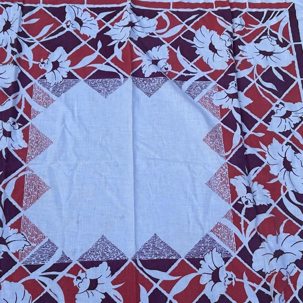 Vintage Tablecloth Tropical Flowers Purple Pink Farmhouse Square